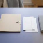 Neutrale Dokumentenmappe und unbeschriftete Bankkarte neben zwei schlichten Briefumschlägen