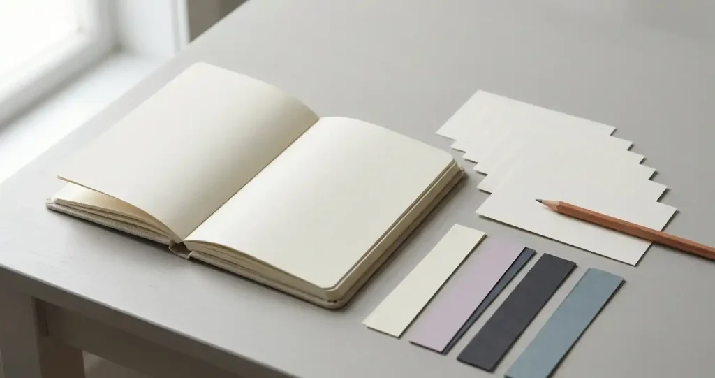 Blanko-Notizbuch mit neutralen Karteikarten, Stift und einfachen farbigen Papierstreifen