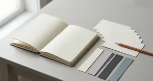 Blanko-Notizbuch mit neutralen Karteikarten, Stift und einfachen farbigen Papierstreifen