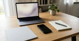 Smartphone und aufgeklappter Laptop neben einer geschlossenen Mappe auf einem Schreibtisch