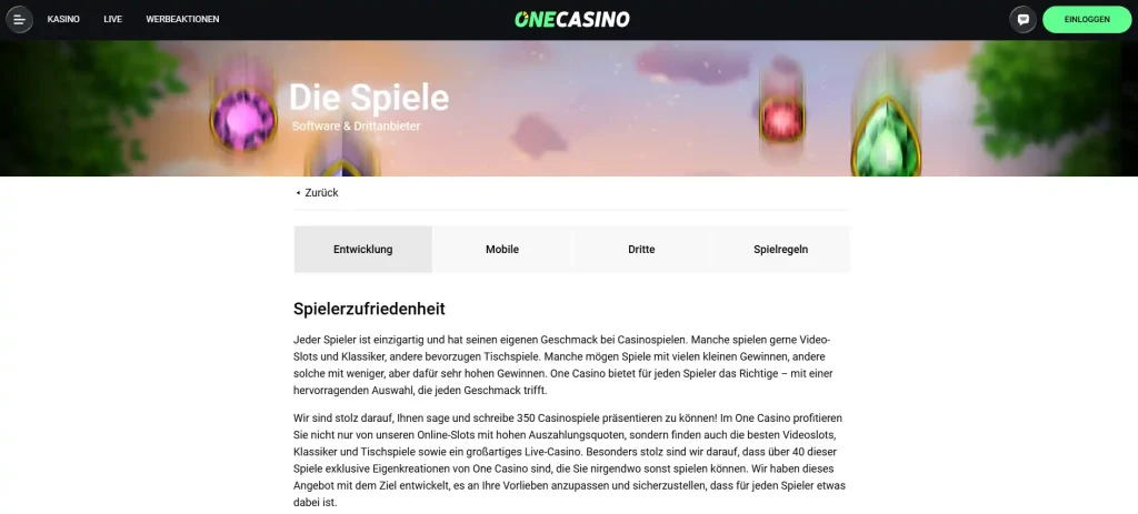 Spielrubriken und Kategorien auf der internationalen OneCasino-Webseite
