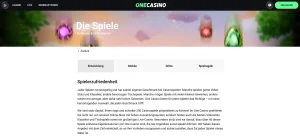 Spielrubriken und Kategorien auf der internationalen OneCasino-Webseite