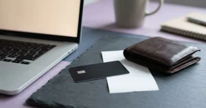 Neutrale Bankkarte neben einem geschlossenen Portemonnaie und einem Laptop